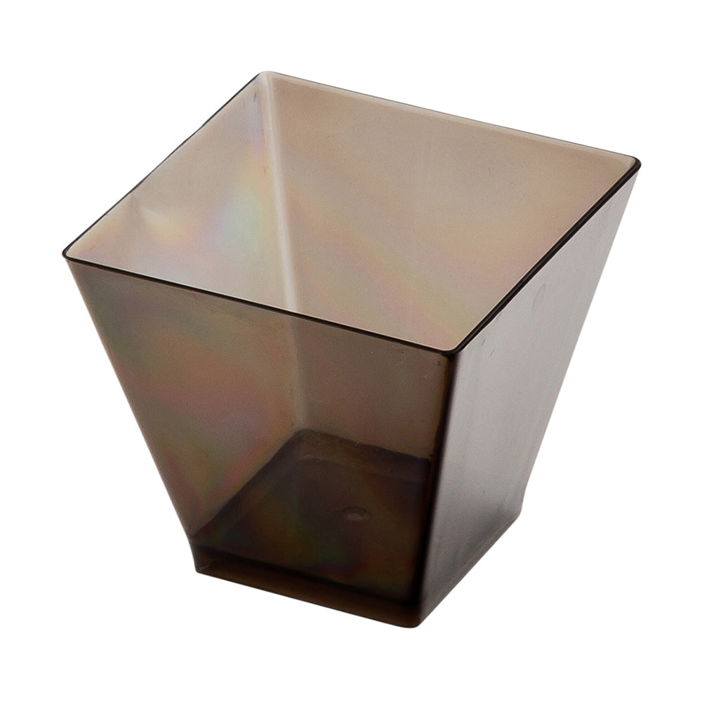 Mini Serve Bundle: 100 2 oz Square Smoked Gray Plastic Mini Kova Cups with 100 Silver Plastic 4" Mini Spoons
