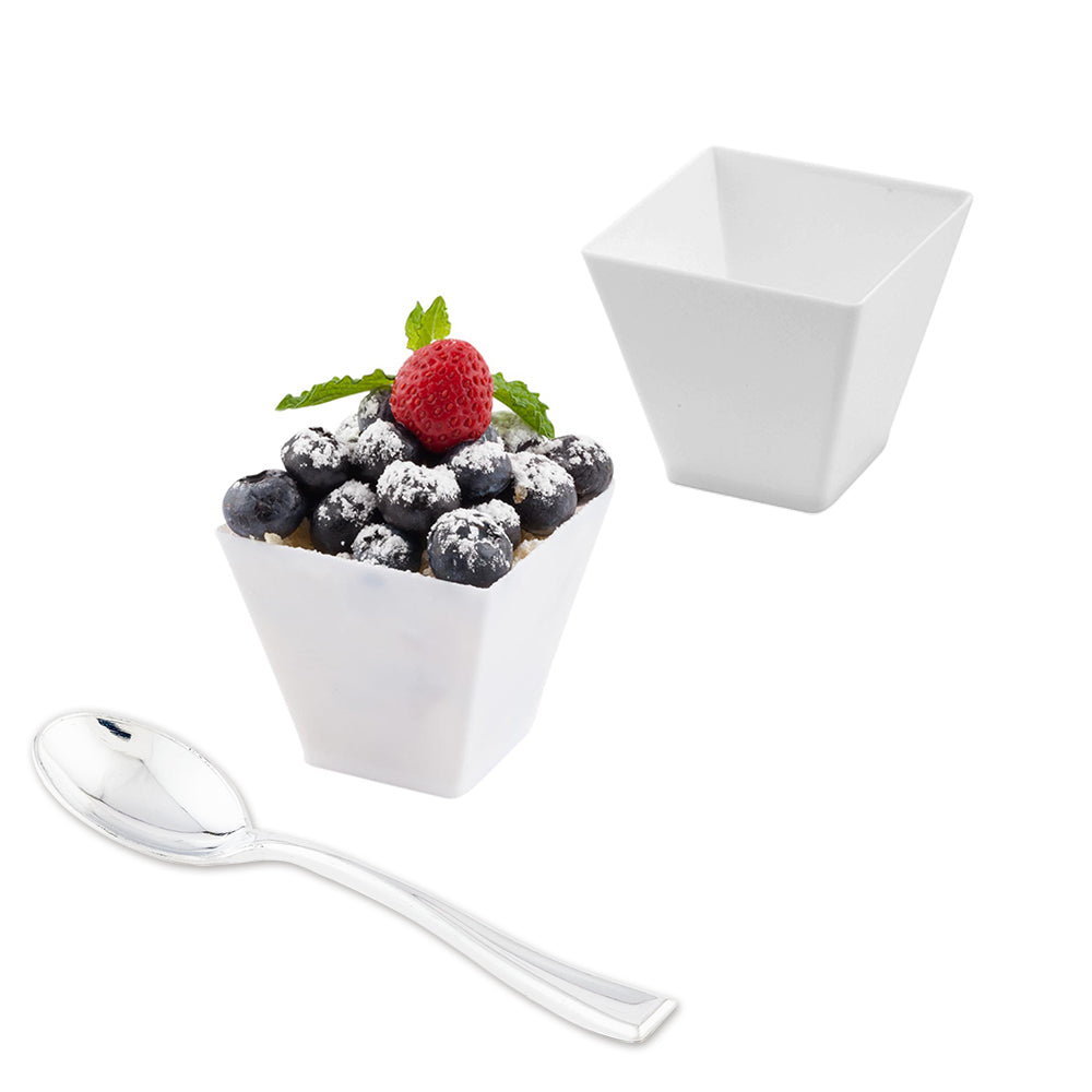 Mini Serve Bundle: 100 2 oz Square White Plastic Mini Kova Cups with 100 Silver Plastic 4" Mini Spoons