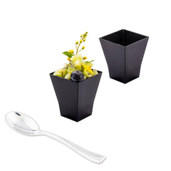 Mini Serve Bundle: 100 2 oz Square Black Plastic Bonito Cups with 100 Silver Plastic 4
