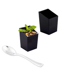 Mini Serve Bundle: 100 3 oz Square Black Plastic Incline Cups with 100 Silver Plastic 4