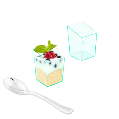 Mini Serve Bundle: 100 3 oz Square Seagreen Plastic Incline Cups with 100 Silver Plastic 4