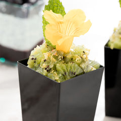 Mini Serve Bundle: 100 4 oz Square Black Plastic Tall Quadrato Cups with 100 Silver Plastic 4