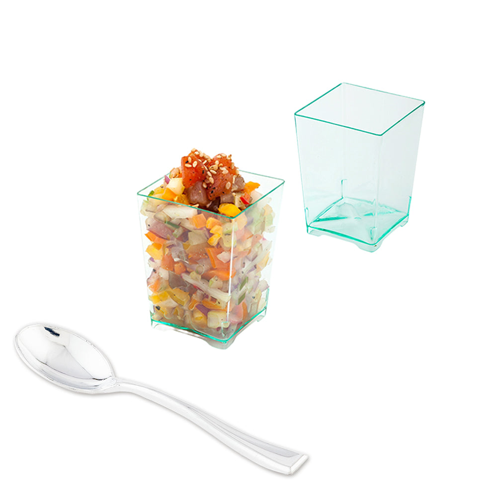 Mini Serve Bundle: 100 4 oz Square Seagreen Plastic Tall Quadrato Cups with 100 Silver Plastic 4" Mini Spoons