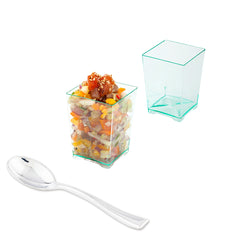 Mini Serve Bundle: 100 4 oz Square Seagreen Plastic Tall Quadrato Cups with 100 Silver Plastic 4
