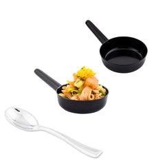 Mini Serve 100 1 oz Round Black Plastic Mini Sauce Pans and 100 Silver Plastic 4