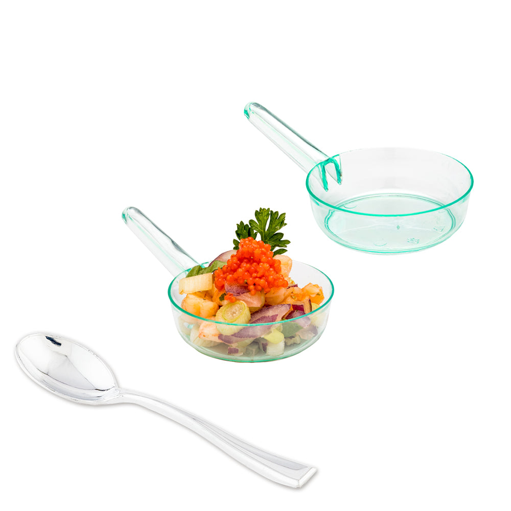 Mini Serve 100 1 oz Round Seagreen Plastic Mini Sauce Pans and 100 Silver Plastic 4" Mini Spoons