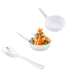 Mini Serve 100 1 oz Round White Plastic Mini Sauce Pans and 100 Silver Plastic 4