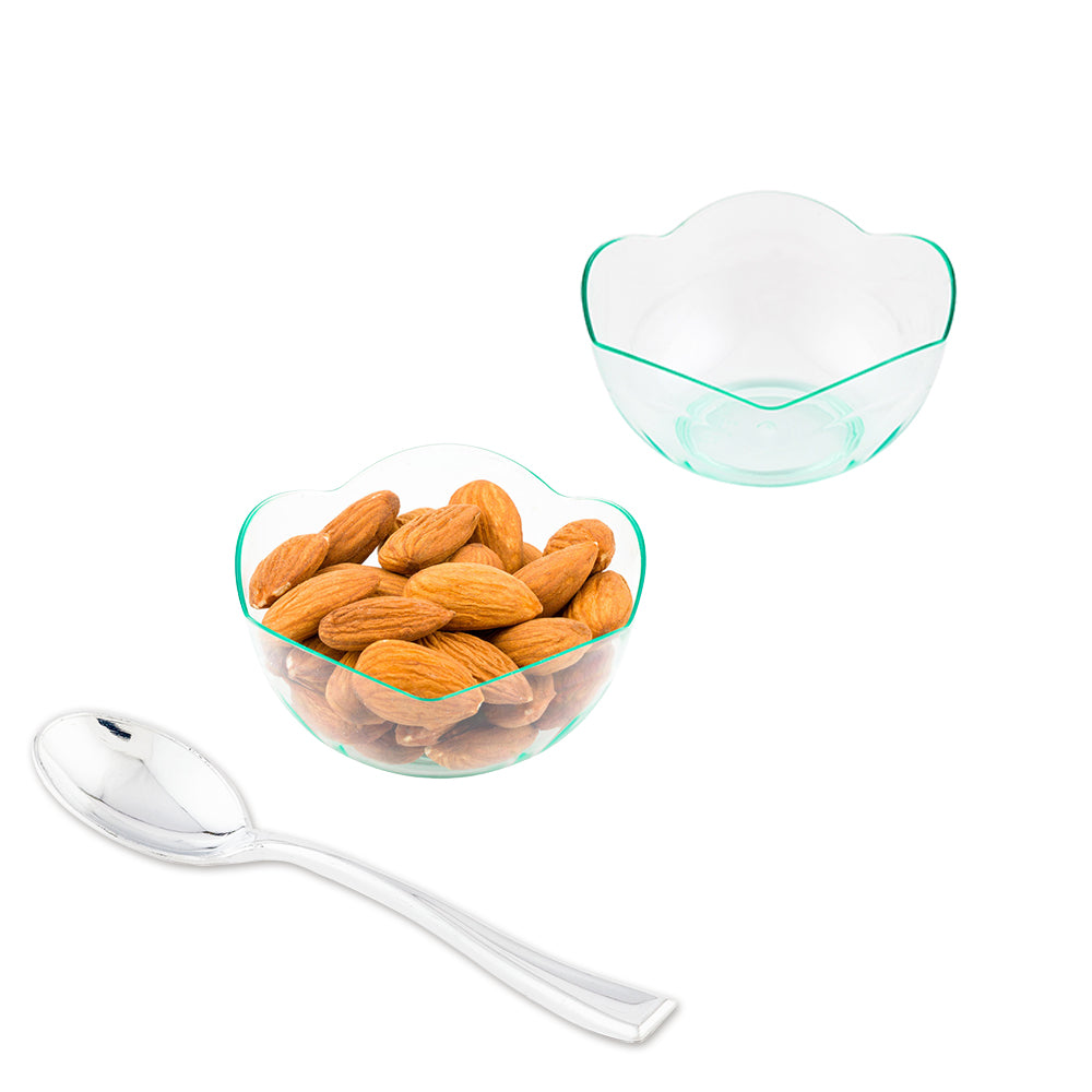 Mini Serve 100 2 oz Round Seagreen Plastic Le Fleur Cups and 100 Silver Plastic 4" Mini Spoons