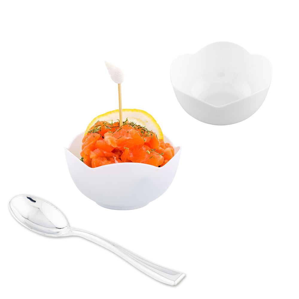 Mini Serve 100 2 oz Round White Plastic Le Fleur Cups and 100 Silver Plastic 4" Mini Spoons