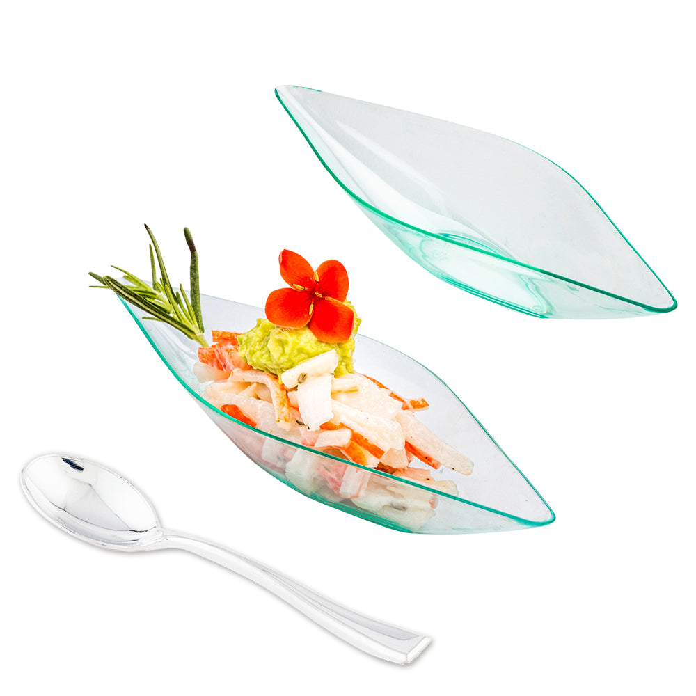 Mini Serve 100 Diamond Seagreen 5" Plastic Canoe Dish and 100 Silver Plastic 4" Mini Spoons