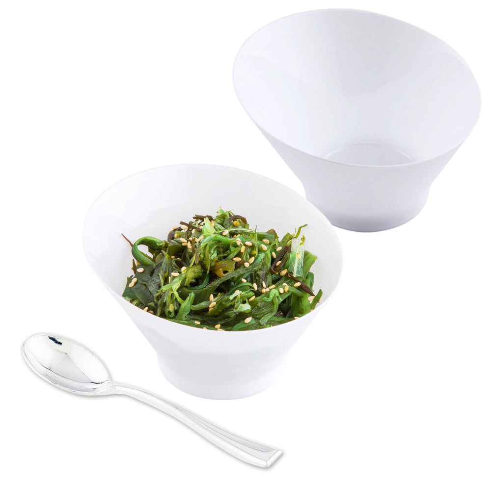 Mini Serve 100 7 oz Round White Plastic Incline Bowls and 100 Silver Plastic 4" Mini Spoons