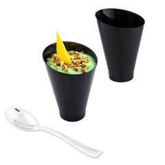 Mini Serve 100 7 oz Round Black Plastic Incline Glass and 100 Silver Plastic 4