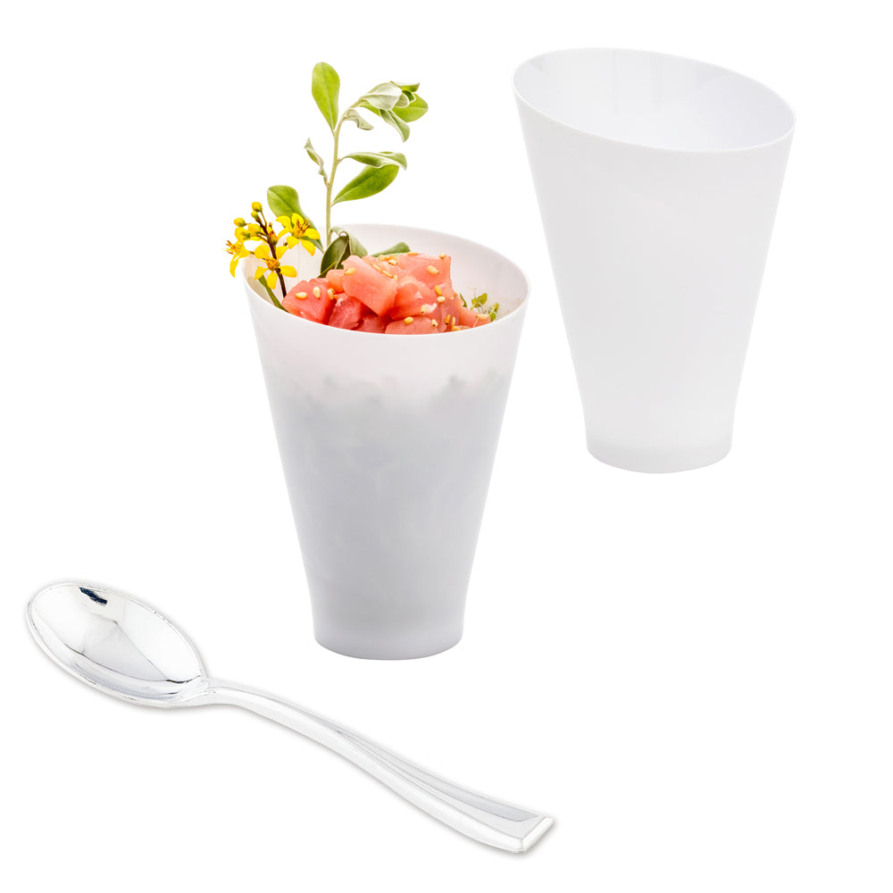 Mini Serve 100 7 oz Round White Plastic Incline Glass and 100 Silver Plastic 4" Mini Spoons