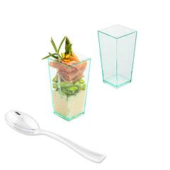 Mini Serve 100 4 oz Square Seagreen Plastic Tall Geometric Cups and 100 Silver Plastic 4
