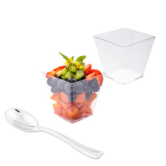 Mini Serve 100 8 oz Square Clear Plastic Large Kova Cups and 100 Silver Plastic 4