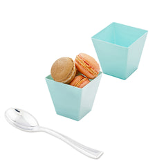 Mini Serve 100 8 oz Square Baby Blue Plastic Large Kova Cups and 100 Silver Plastic 4