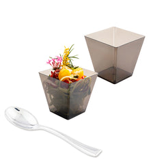 Mini Serve 100 8 oz Square Smoked Gray Plastic Large Kova Cups and 100 Silver Plastic 4