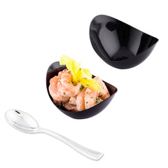 Mini Serve 100 2 oz Oval Black Plastic Alato Tasting Dish and 100 Silver Plastic 4