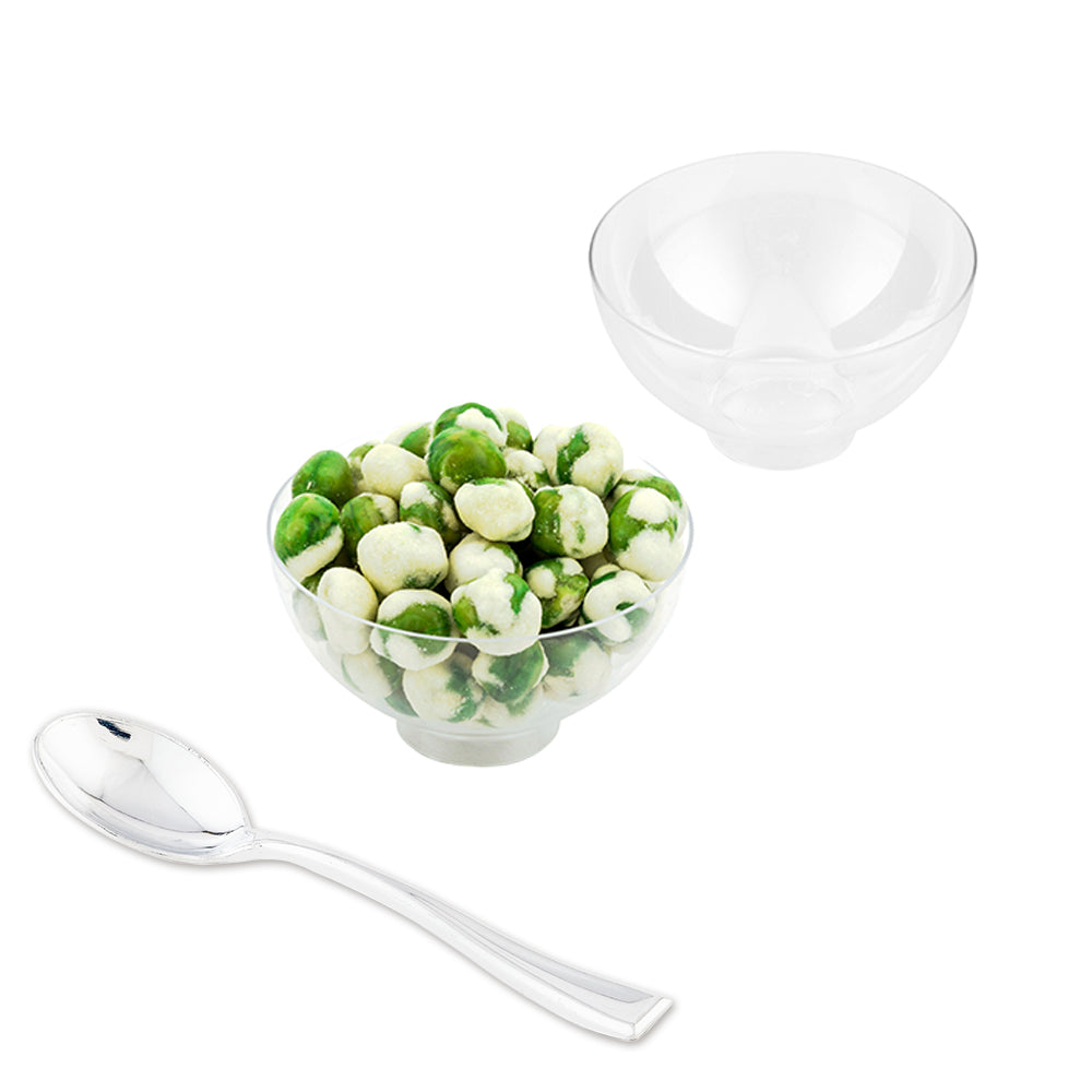 Mini Serve 100 2 oz Round Clear Plastic Coppa Bowls and 100 Silver Plastic 4" Mini Spoons