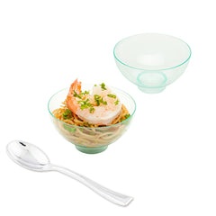 Mini Serve 100 2 oz Round Seagreen Plastic Coppa Bowls and 100 Silver Plastic 4