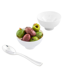 Mini Serve 100 2 oz Round White Plastic Coppa Bowls and 100 Silver Plastic 4
