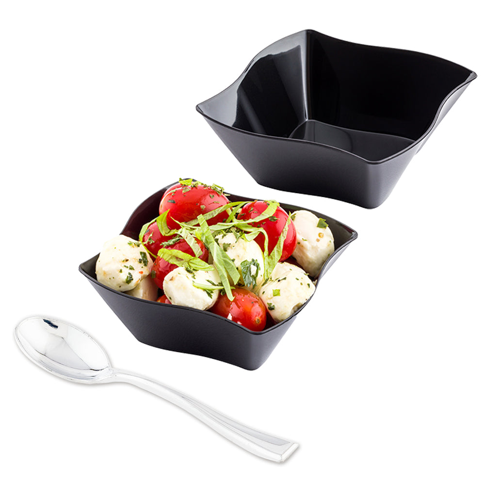 Mini Serve 100 6 oz Square Black Plastic Aqua Bowls and 100 Silver Plastic 4" Mini Spoons