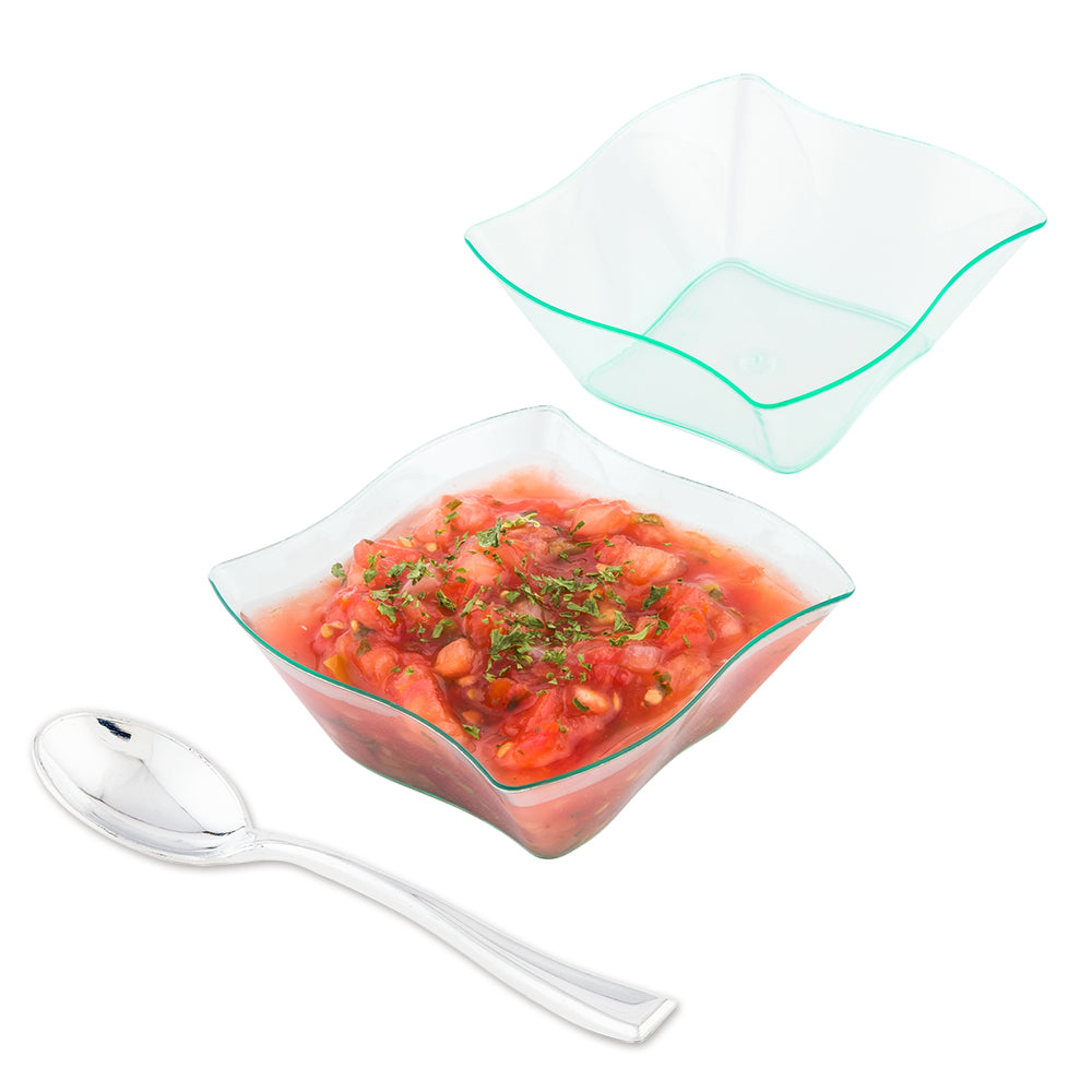 Mini Serve 100 6 oz Square Seagreen Plastic Aqua Bowls and 100 Silver Plastic 4" Mini Spoons