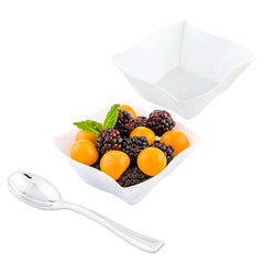 Mini Serve 100 6 oz Square White Plastic Aqua Bowls and 100 Silver Plastic 4