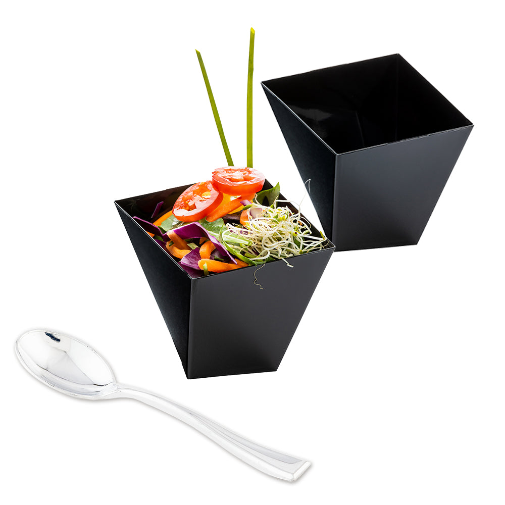 Mini Serve 100 6 oz Square Black Plastic Large Girata Dish and 100 Silver Plastic 4" Mini Spoons