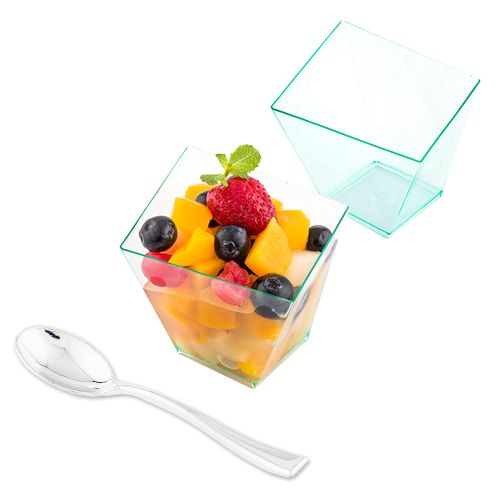 Mini Serve 100 6 oz Square Seagreen Plastic Large Girata Dish and 100 Silver Plastic 4" Mini Spoons