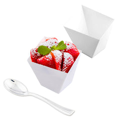 Mini Serve 100 6 oz Square White Plastic Large Girata Dish and 100 Silver Plastic 4