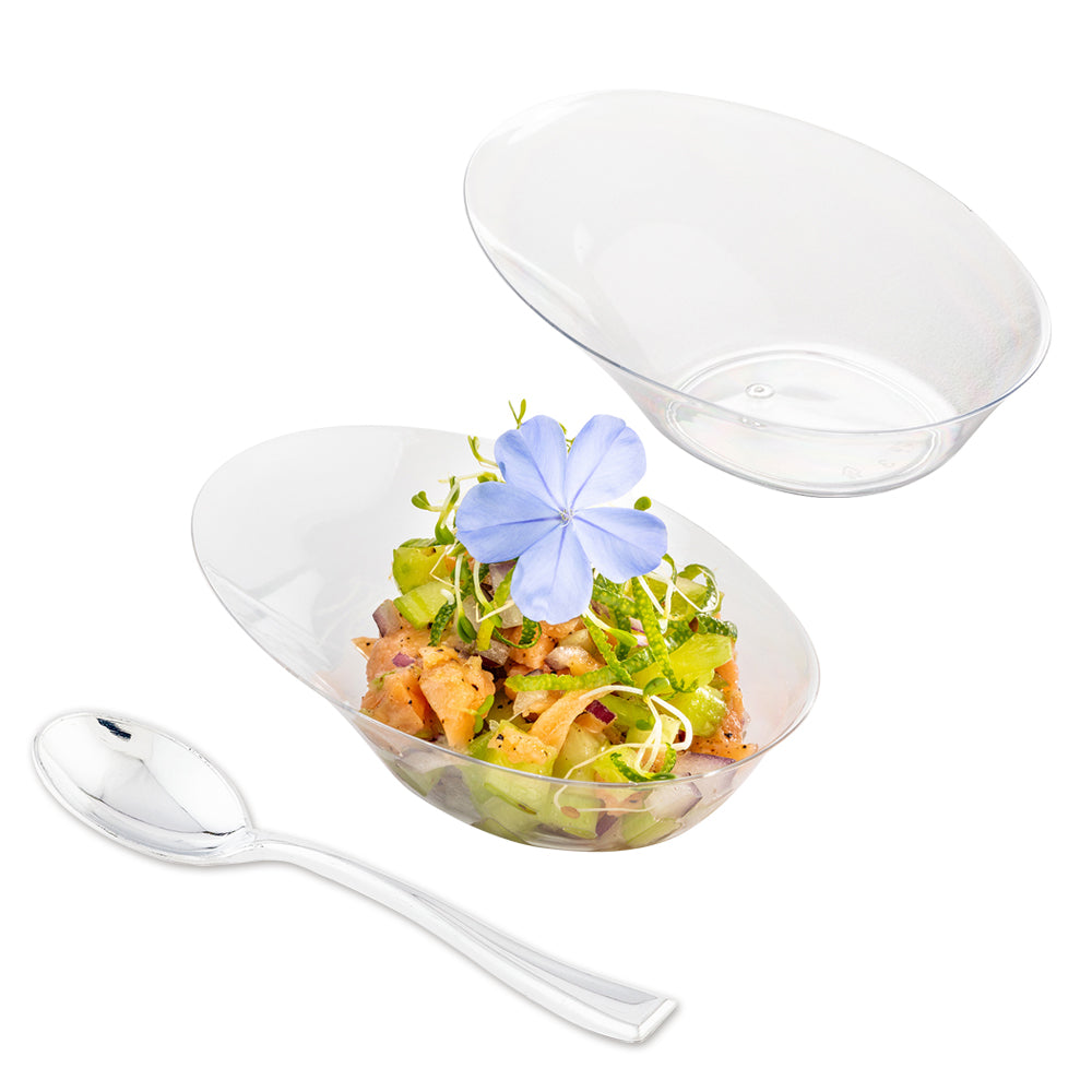 Mini Serve 100 Oval Clear 4" Plastic Ellipse Dish and 100 Silver Plastic 4" Mini Spoons