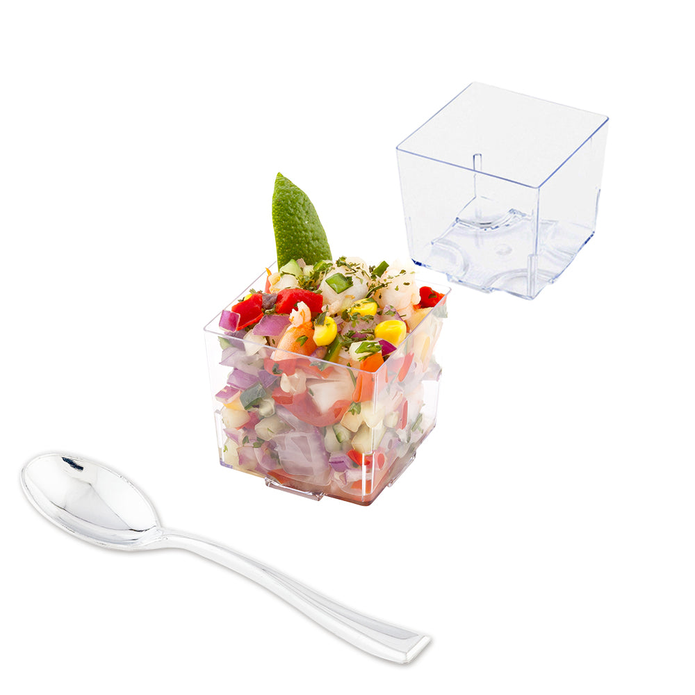 Mini Serve 100 5 oz Square Clear Plastic Large Quadrato Cubes and 100 Silver Plastic 4" Mini Spoons