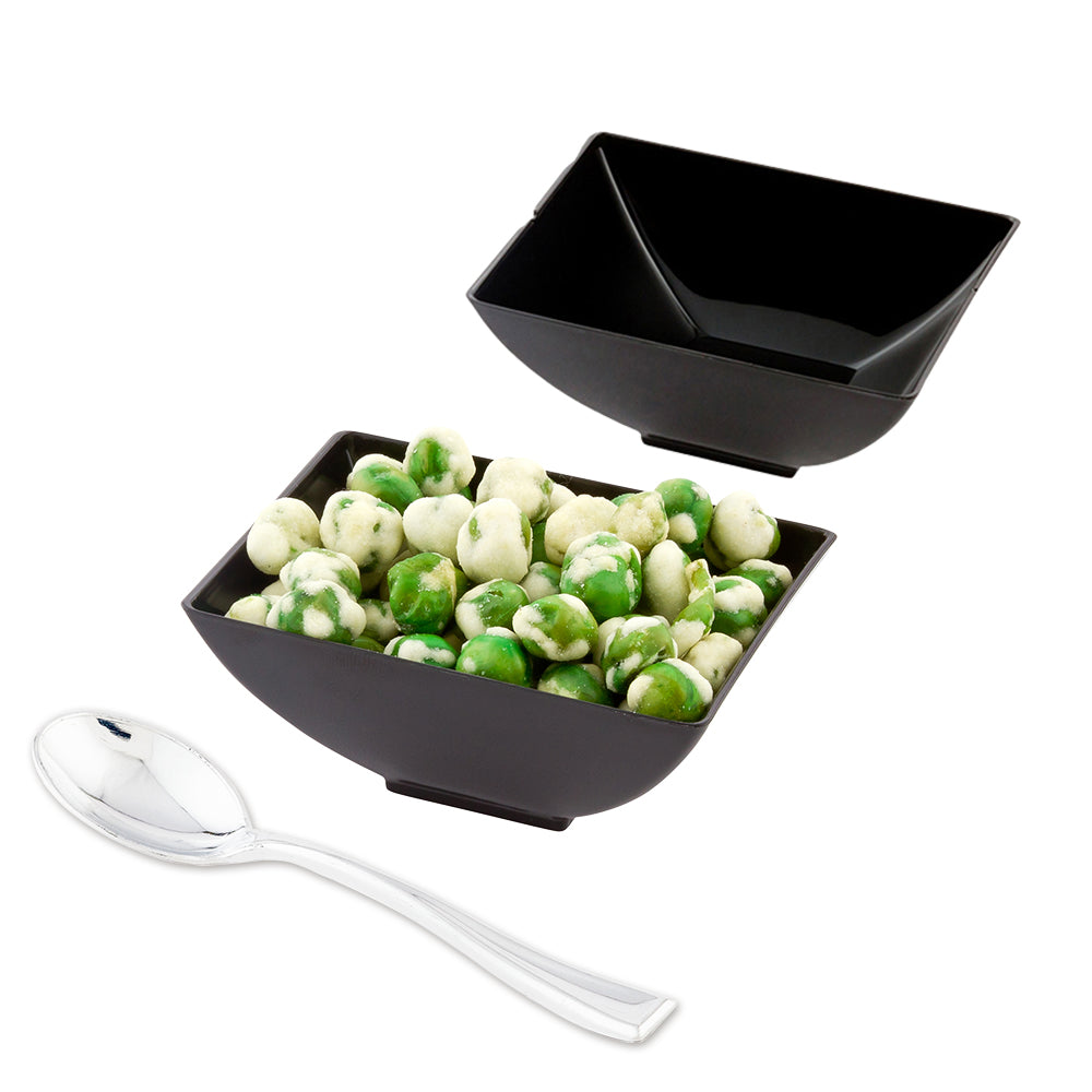 Mini Serve 100 3 oz Rectangle Black Plastic Small Architetto Bowls and 100 Silver Plastic 4" Mini Spoons