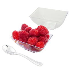 Mini Serve 100 3 oz Rectangle Clear Plastic Small Architetto Bowls and 100 Silver Plastic 4