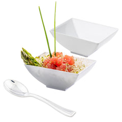 Mini Serve 100 3 oz Rectangle White Plastic Small Architetto Bowls and 100 Silver Plastic 4