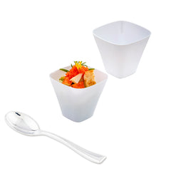 Mini Serve 100 4 oz Square White Plastic Bellissima Tasting Cups and 100 Silver Plastic 4