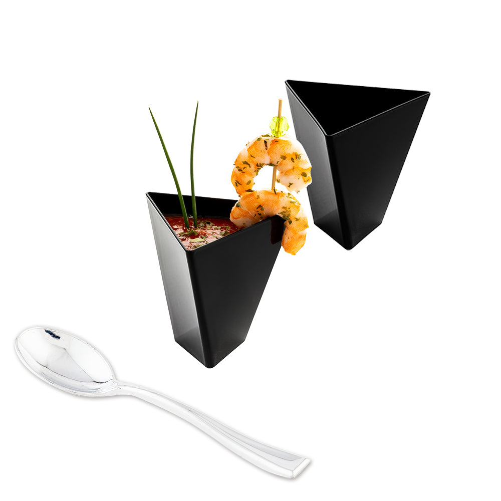 Mini Serve 100 4 oz Black Plastic Torcente Dessert Cups and 100 Silver Plastic 4" Mini Spoons