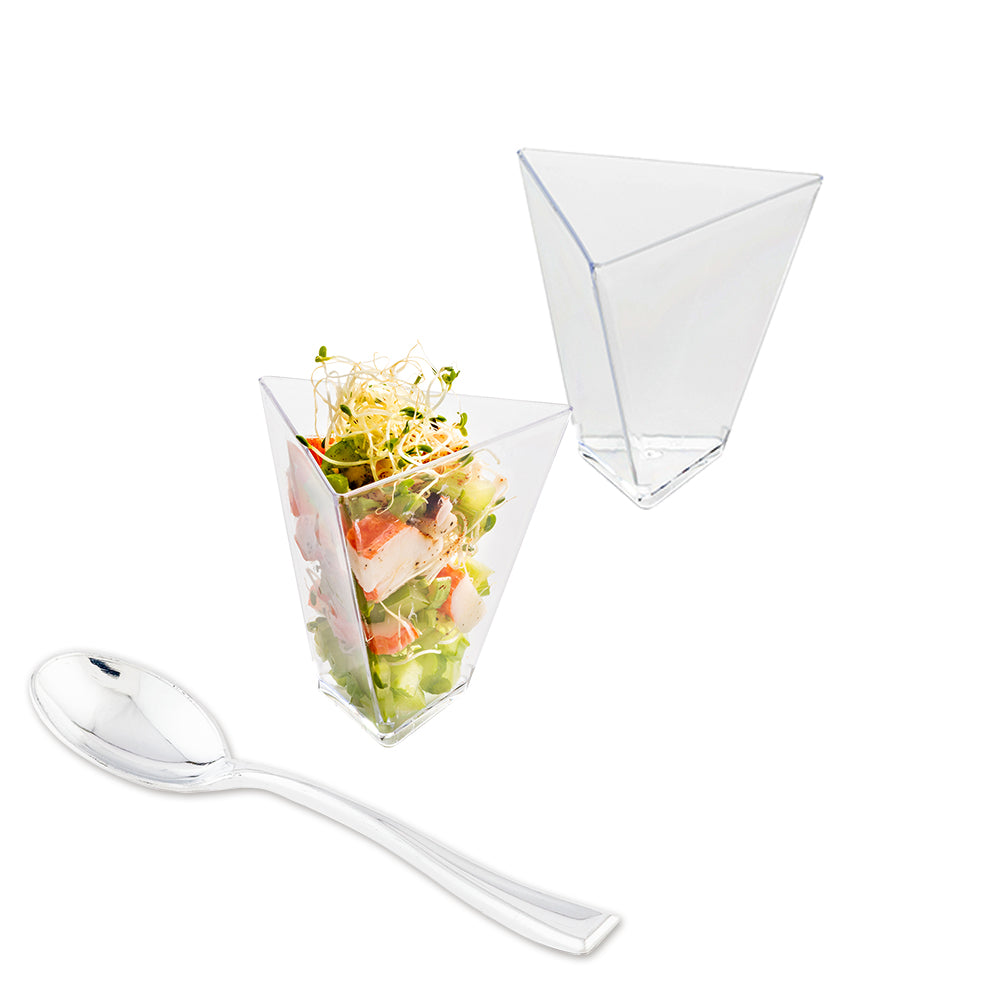 Mini Serve 100 4 oz Clear Plastic Torcente Dessert Cups and 100 Silver Plastic 4" Mini Spoons