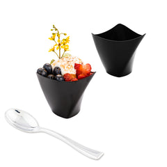 Mini Serve 100 4 oz Black Plastic Mini Crescendo Cups and 100 Silver Plastic 4