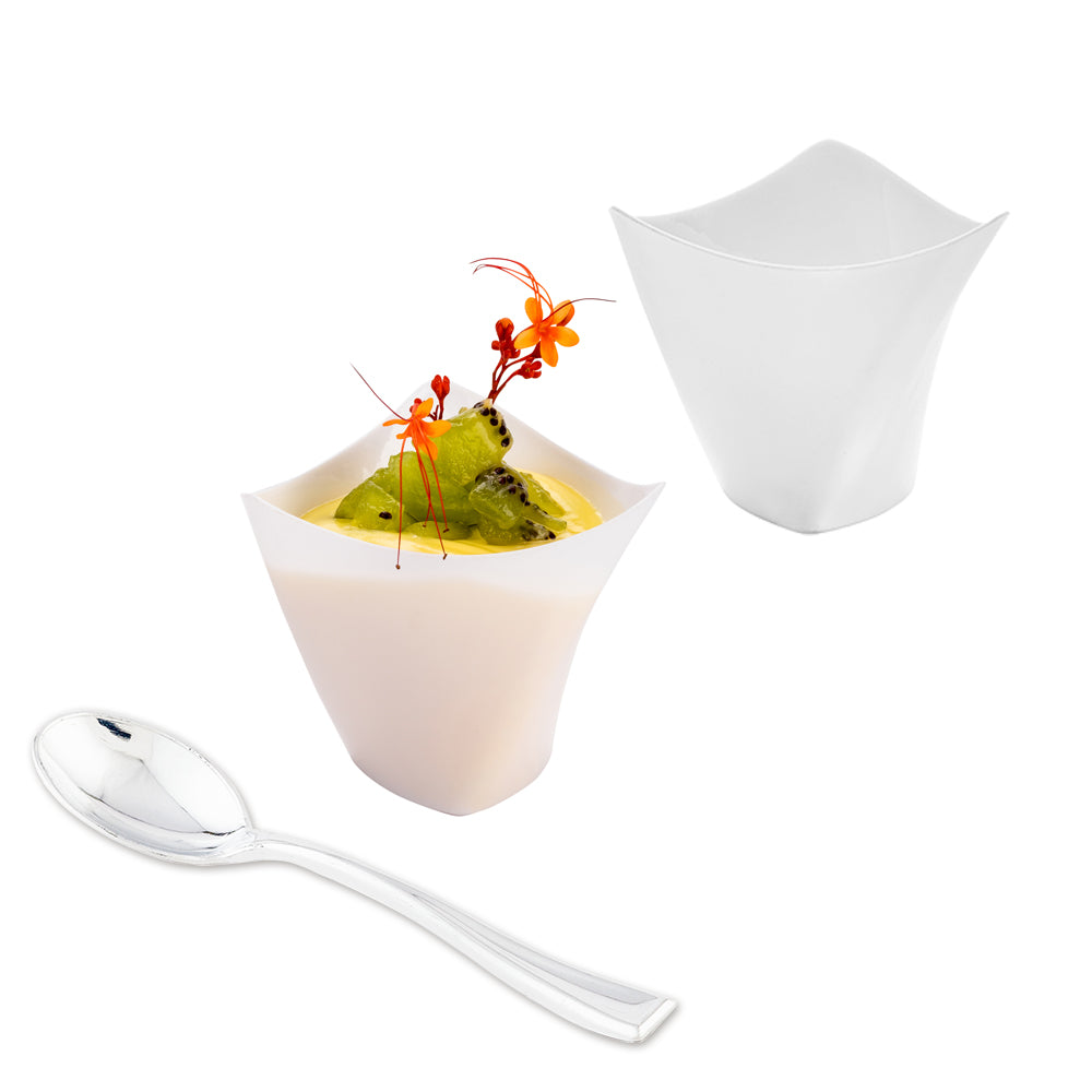Mini Serve 100 4 oz White Plastic Mini Crescendo Cups and 100 Silver Plastic 4" Mini Spoons