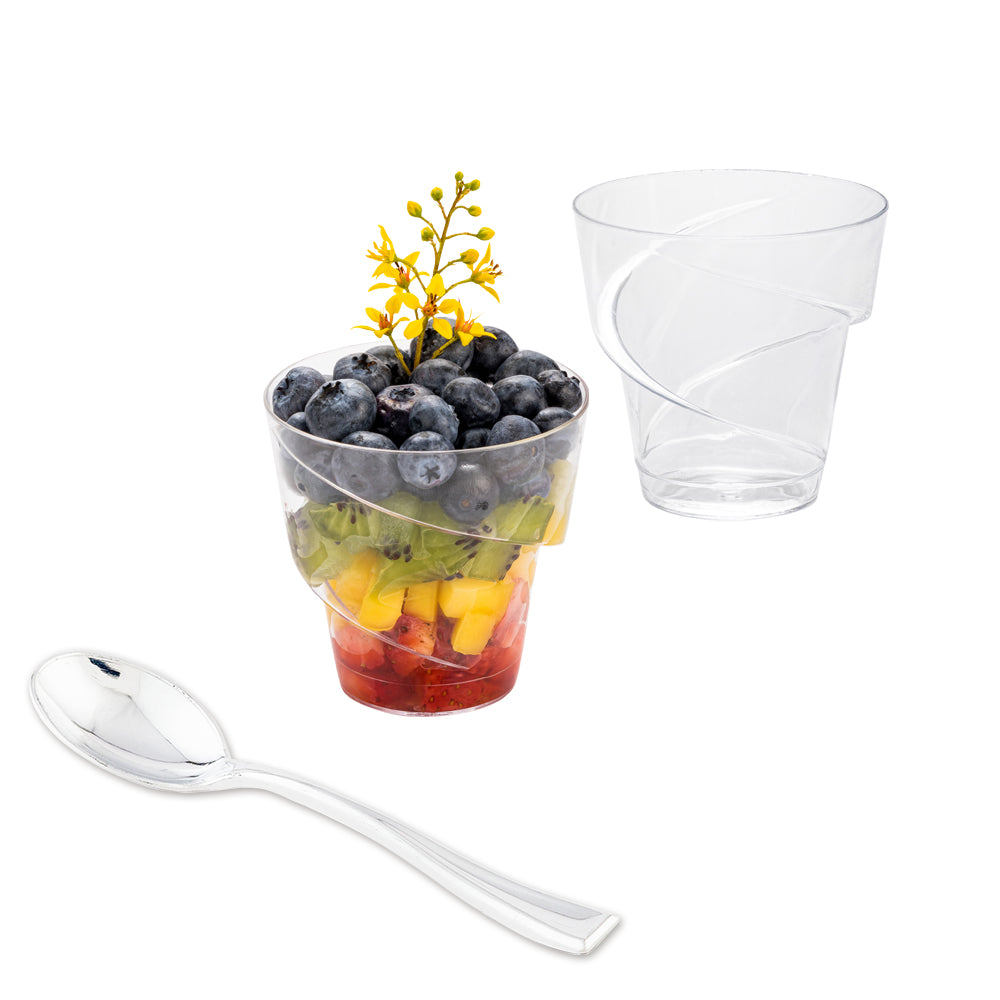 Mini Serve 100 5 oz Round Clear Plastic Mini Flourish Cups and 100 Silver Plastic 4" Mini Spoons