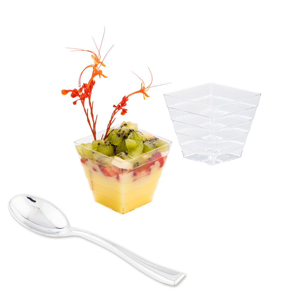Mini Serve 100 2 oz Square Clear Plastic Mini Apogee Kova Cups and 100 Silver Plastic 4" Mini Spoons