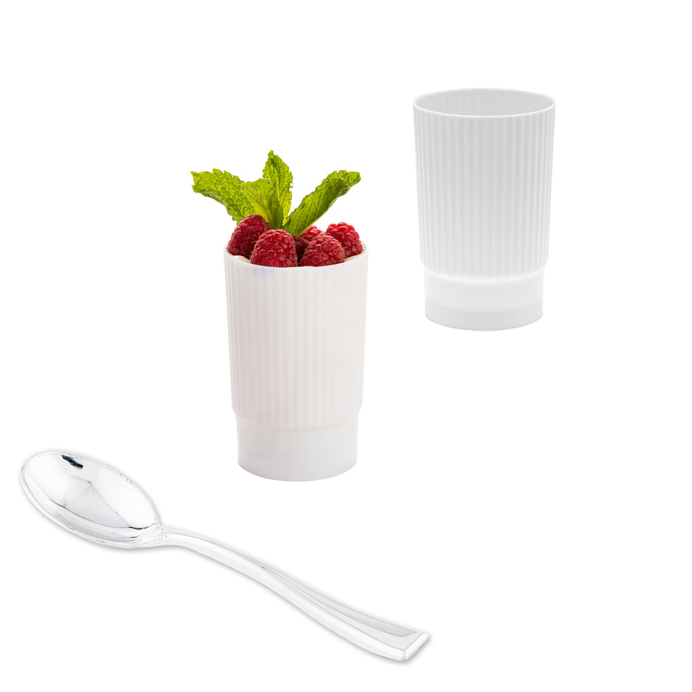 Mini Serve 100 4 oz White Plastic Toque Parfait Cups and 100 Silver Plastic 4" Mini Spoons