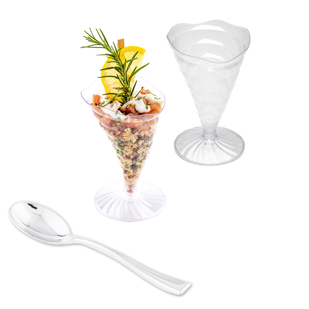 Mini Serve 100 3 oz Clear Plastic Nautilus Appetizer Cones and 100 Silver Plastic 4" Mini Spoons