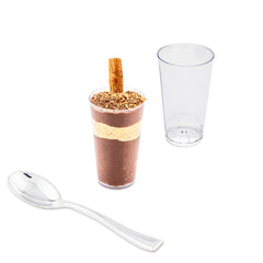 Mini Serve 100 3 oz Round Clear Plastic Cannello Dessert Glass and 100 Silver Plastic 4