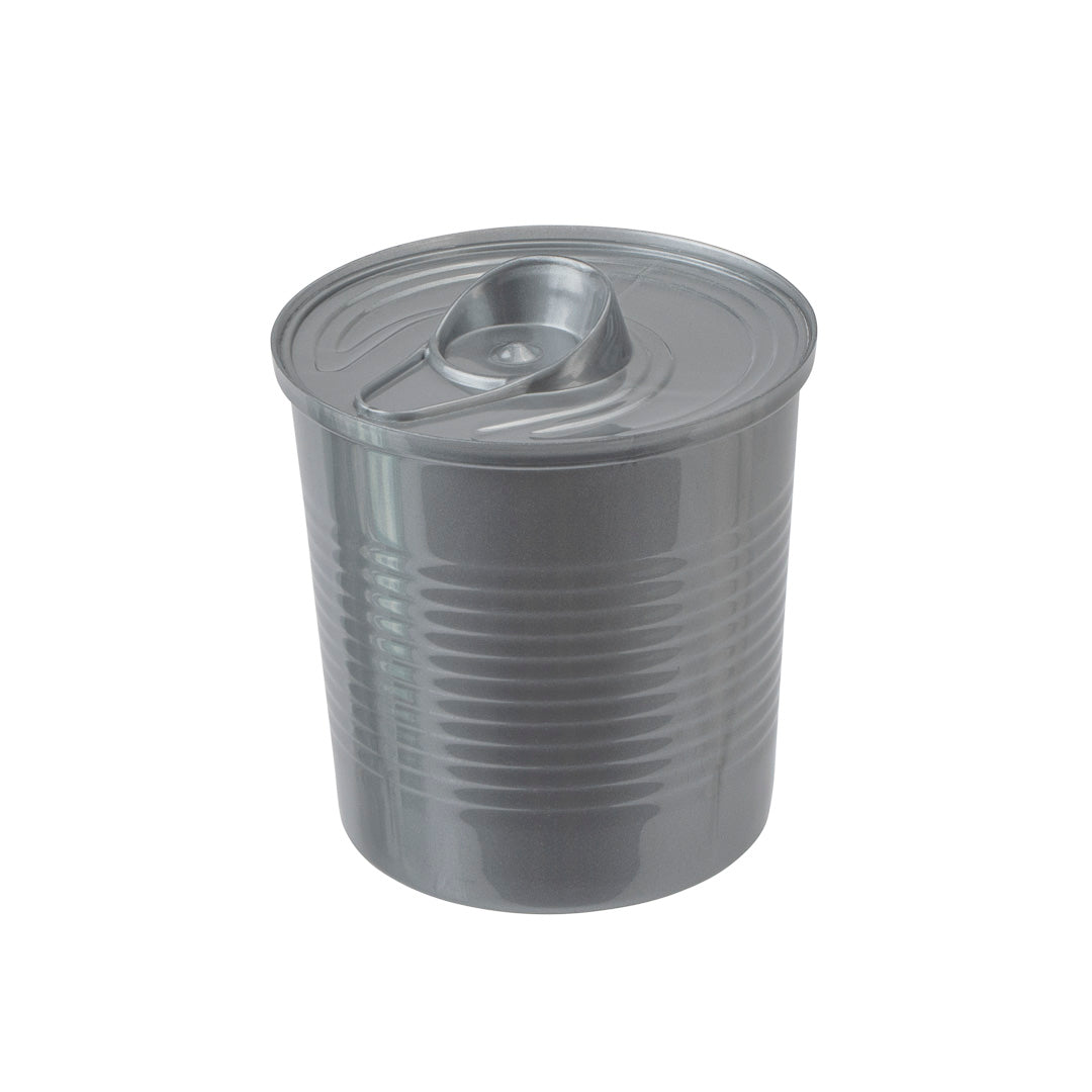 Mini Serve 100 4 oz Round Silver Plastic Tin Cans and 100 Silver Plastic 4" Mini Spoons