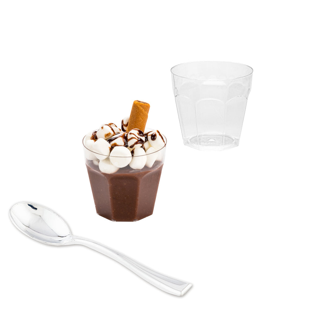 Mini Serve 100 5 oz Round Clear Plastic Mini Pilsner Cups and 100 Silver Plastic 4" Mini Spoons