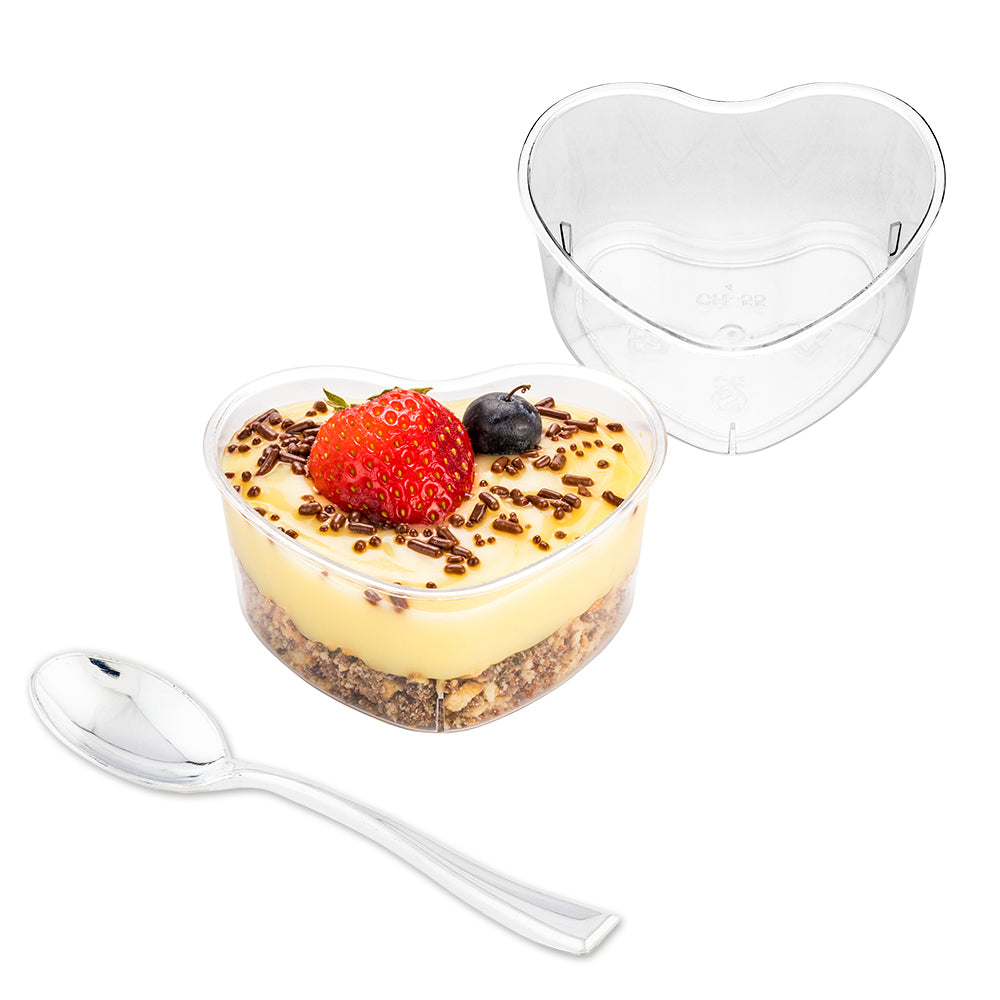 Mini Serve 100 5 oz Clear Plastic Mini Heart Cups and 100 Silver Plastic 4" Mini Spoons