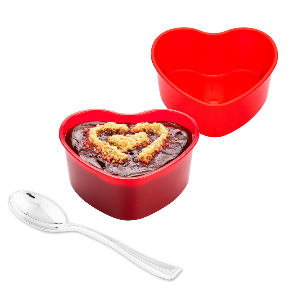 Mini Serve 100 5 oz Red Plastic Mini Heart Cups and 100 Silver Plastic 4" Mini Spoons